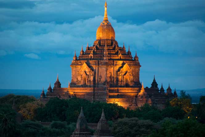 Bagan temple lit up at night.