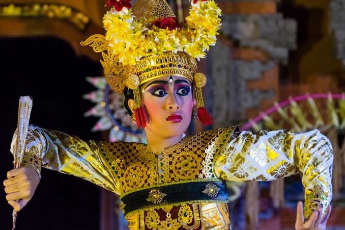 Legong dancer with intense stare towards audience.