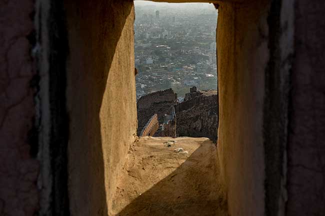 View of city from small opening.