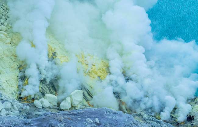 Sulfuric gas fumes shooting up from the Ijen crater.