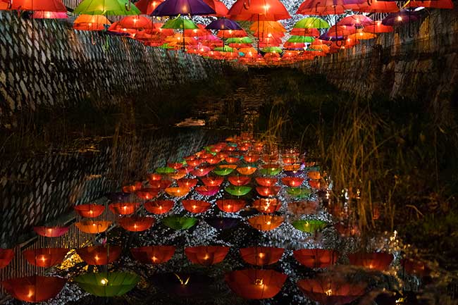 Night reflection of umbrellas.