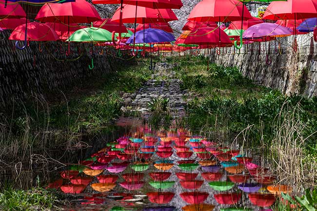 Reflection of umbrellas.