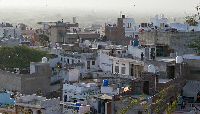 Rooftops in Pushkar during kite festival.