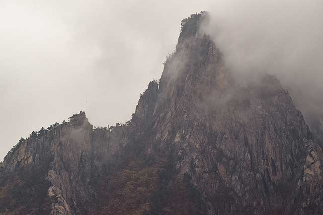 Fog hanging over mountain.