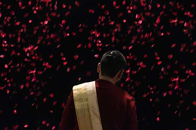 Flower petals falling around priest.